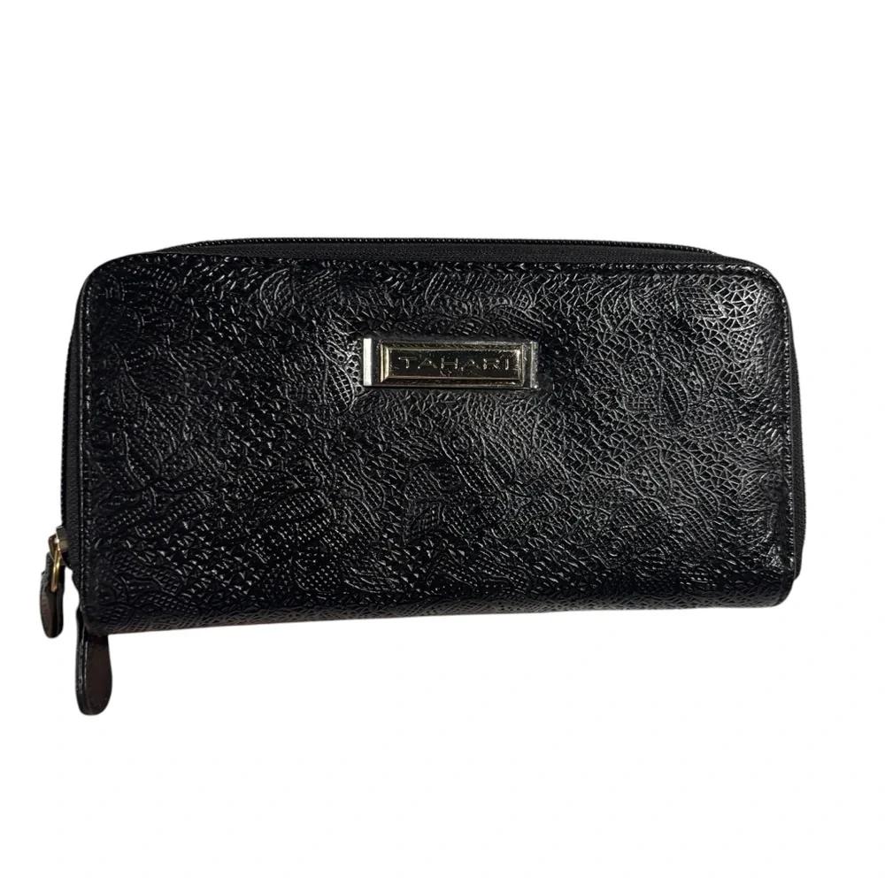 Tahari Black Floral Embossed Leather Double Zipper‎ Wallet 8x4”